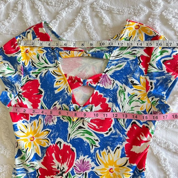 Vintage Colorful Blue Red Yellow Floral Fit and Flare Bows Unique Dress - Picture 11 of 12